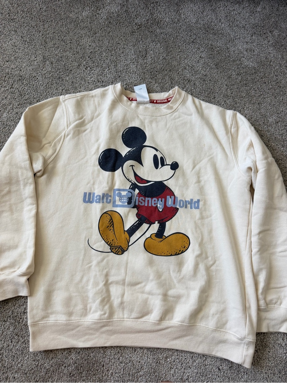 Disney Cream Mickey Mouse Crewneck Sweatshirt with Black, Red and Yellow Graphic